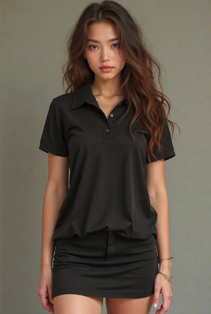 a woman in a black shirt polo and jeans poses for a picture, short sleeves, wearing polo shirt, collared shirt, front portrait, black, “organic, wearing a black shirt, or black, plain, black shirt, 3/4 front view, front-view, wearing a dark blue polo shirt, basic, black t shirt, collar on neck, no logo!!!