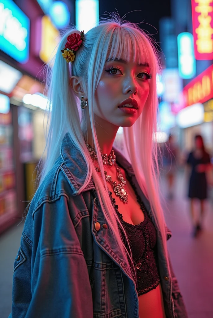 analogue fashion photo shot of young blonde woman with long hair, (((big boobs))) in a pixelated world, ((neon lights red and blue lights)), (((((high fashion white clothes in the style of Valentino))))), supermodel, sexy model poses, masterpiece, eye level, Kodak Funsaver, Porta 160, 20mm, bokeh, in the style of Nan Goldin, textured, distressed, ((vintage)), edgy, noisy, high contrast