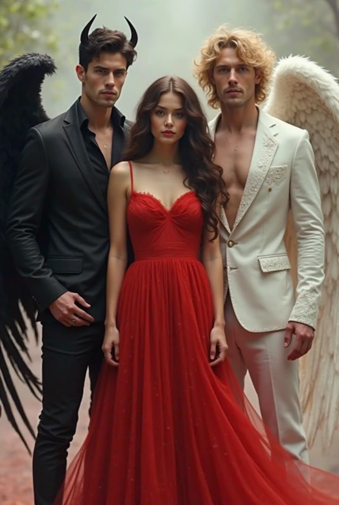 the protagonist , a young girl with wavy black hair, with a fine face, features like Megan Fox, with a dress, To his right is Lucifer, A handsome black-haired man with a wine-colored shirt and suit pants and his black wings barely noticeable , and to his left a blond man in a white suit , and barely perceptible white wings. The three in medium shot