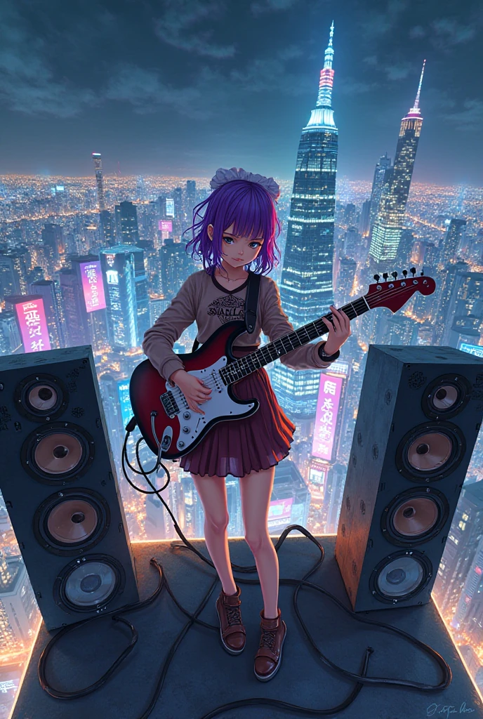 a beautiful girl in a school uniform holding a bass guitar, cityscape background, realistic, photorealistic, 8k, high quality, detailed facial features, detailed clothing, dramatic lighting, cinematic composition, vibrant colors, moody atmosphere