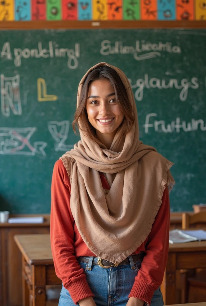 A woman in a teacher's hijab with very large breasts and a sports bra