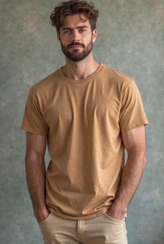 Man with ochre-colored t-shirt and brown pants 
