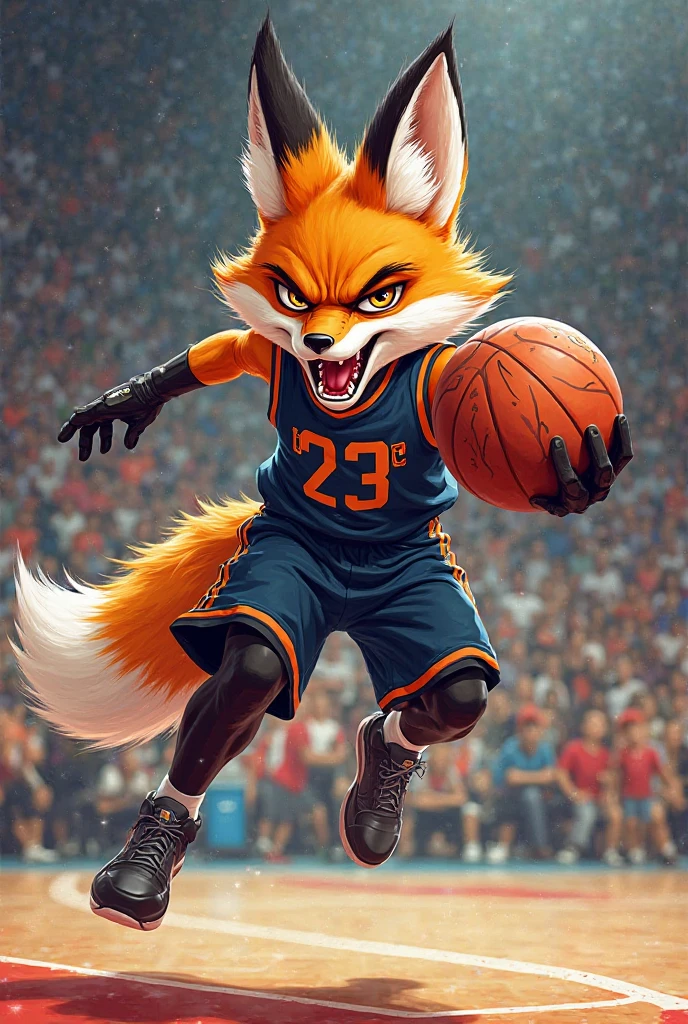 Furry fox, Nike, shiny satin basketball shorts, erection under clothing, shy, precum leaking through shorts, akward smile