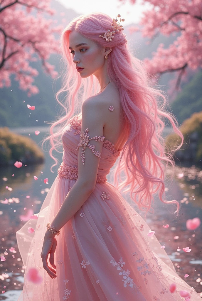 Medusa sitting dressed in cherry blossom flowers and a cherry blossom flower crown