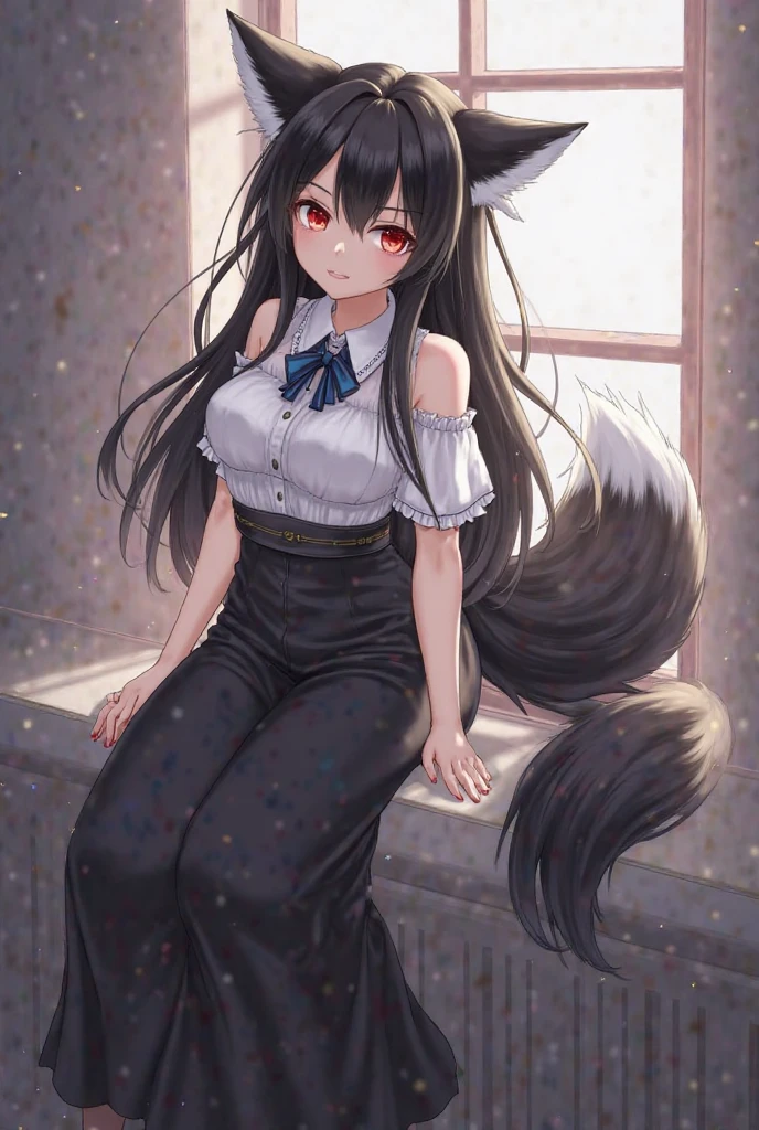 ((masterpiece)),((high resolution)),((best quality)),extremely fine and beautiful, super fine illustration, (insanely detailed anime eyes, eyes focus, face closeup), beautiful detailed girl, supple breasts, front view, facing at viewer, black hair, (Suspicious:1.2), (see-through:0.2), covered, hair covering breasts, covered breasts, covered legs ((black hair)), (very long hair), ((fox ears)), blue eyes, profile, (sophisticated white blouse:1.4), (Leaning forward:1.0), (((dark voluminous fox tail))), (medium-large breasts:1.4), (plump thighs), (muscular:1.6), (wide hips), shallow frown, movie lighting, perfect shadow, realistic lighting shaded, (Chinese style), (medieval fantasy building scenery), 1girl, milf, mature female