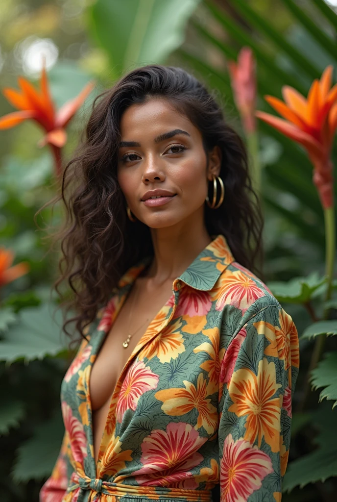 A Brazilian woman in a lush tropical garden, wearing an open shirt with a floral print, with a close-up capturing the harmonious beauty between her breasts and the natural flowers, showing off your natural charm and outgoing personality.