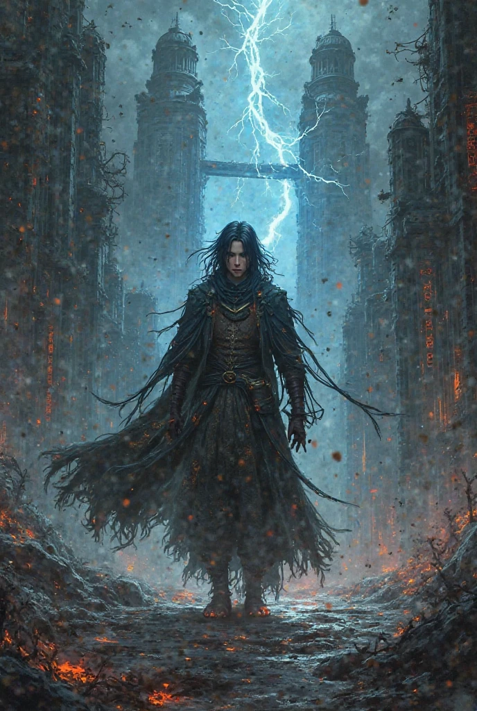 (masterpiece, best quality, detailed, high resolution, polished, vibrant colors), dark fantasy, (solo), full body, from behind, (woman), white hair, looking back, evil, sinister, glowing eyes, grinning, (wearing edgCultist_hood), torn clothes, tattered, (ominous), thundermagic, excessive energy, charged aura, ragingstorm, lightning, clouds, glowing <lora:edgCultistHood:0.8> <lora:ThunderMagic-22:0.6> <lora:ragingstorm-nvwls-v1:0.7>