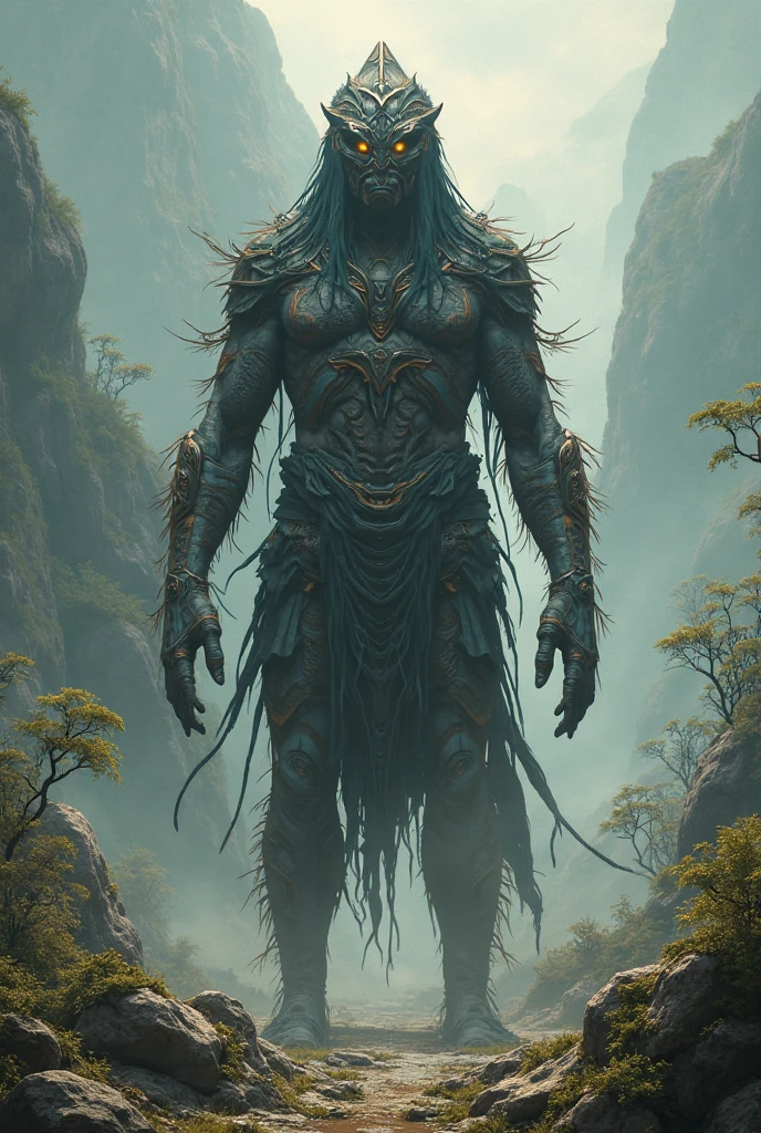 "A bird's-eye view of a mountain ridge with a line of massive, 50-meter-tall grotesque statues resembling skeletons, each covered in moss and vines. These towering statues are lined up along the mountain peaks, following the natural curve of the terrain. The statues have eerie, hollow eyes and decayed features, creating a haunting and unsettling atmosphere. The scene is set on a misty mountain top, with lush, green foliage covering the mountainside. The perspective emphasizes the enormous height of the statues and their endless line stretching along the ridge, blending seamlessly into the rugged landscape and evoking a sense of awe and fear. The image should be highly detailed, with realistic textures and lighting, capturing the depth and intricacies of the statues and the surrounding natural environment in 4K quality."