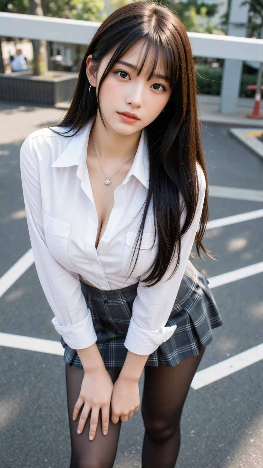 photorealistic, high resolution, 1 girl, Black long hair, korean, heterochromia eyes, small mole below eye , Office lady, short skirt, large breast, Slender legs , (Outdoor, Day: 1.1), Classroom