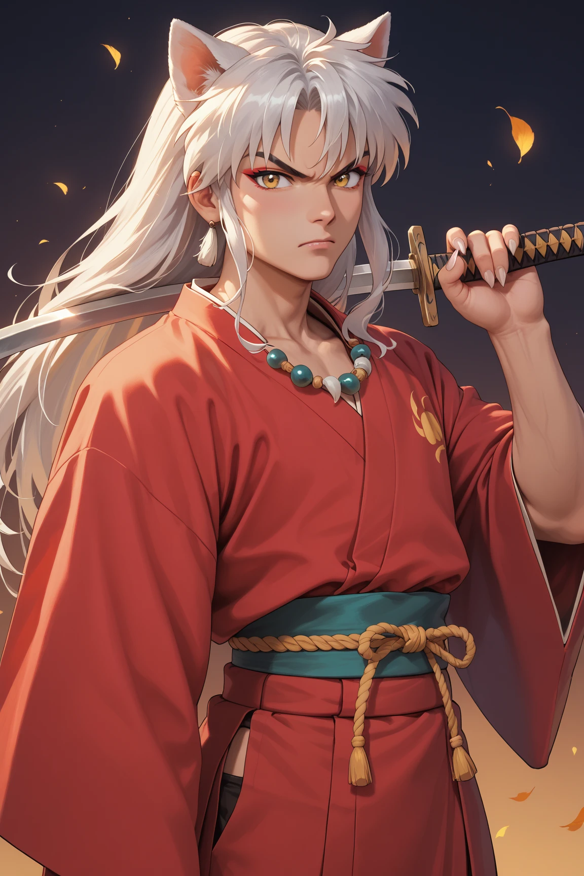 masterpiece, beautiful, ultra-detailed, detailed face, 4k, hd, perfect lighting, best quality, score_9, score_8_up, score_7_up, 2d art, perfect hands, perfect eyes, inuyasha, white hair, yellow eyes, long hair, animal ears, dog ears
necklace, jewelry
weapon, sword, katana
sheath
kimono, japanese clothes
red kimono, solo, ((1man)), angry, ((adult))
fingernails, (sharp fingernails)