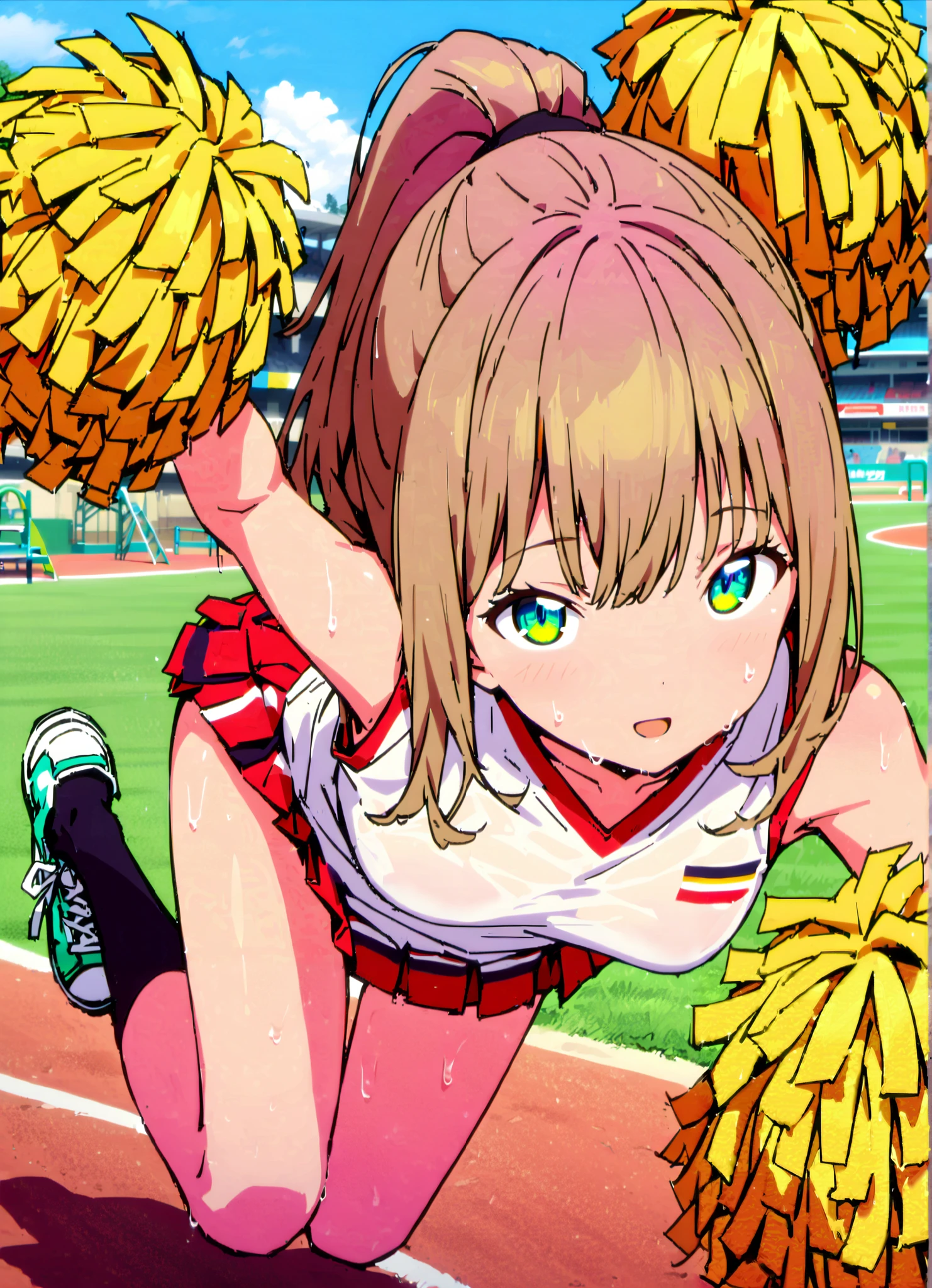 score_9, score_8_up, score_7_up, source_anime,yume minami, long hair, brown hair, green eyes, bungs,smile,cover,open your mouth,ponytail from Yubi's point of view, Glowing Skin,Medium breast,(cheerleading), (full body), on chest, (made me sweat), made me sweat Wet Clothes, (white clothes),sleeveless, pleated skirt,black socks,sneakers with a ladyback letter, stomach button support , playground, (jump), (jump), 両足を曲げてjumpする, , blue sky, Compa, smile,cheerleader, Pom-pom \(cheerleading\) real hair ornaments,full bodyがイラストに入るように,break outdoors,Stadium,
break looking at viewer,full body,
break (masterpiece:1.2),best quality , kampala,Unity 8k Wallpaper,(shape:0.8),( fine, beautiful eyes :1.6),It's a person ,full body写真,CG Details , (perfect hands,complete anatomy),