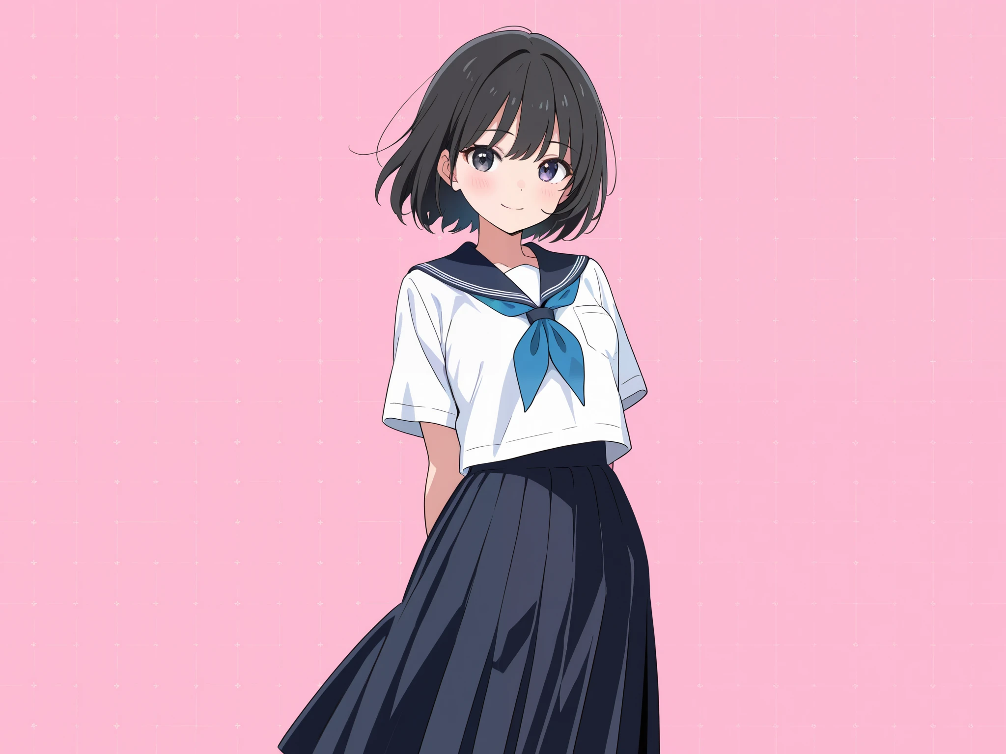 anime aesthetic cute girl 4k cute wallpaper, short hair cheerful poses, best quality, black hair, school uniform, medium long skirt