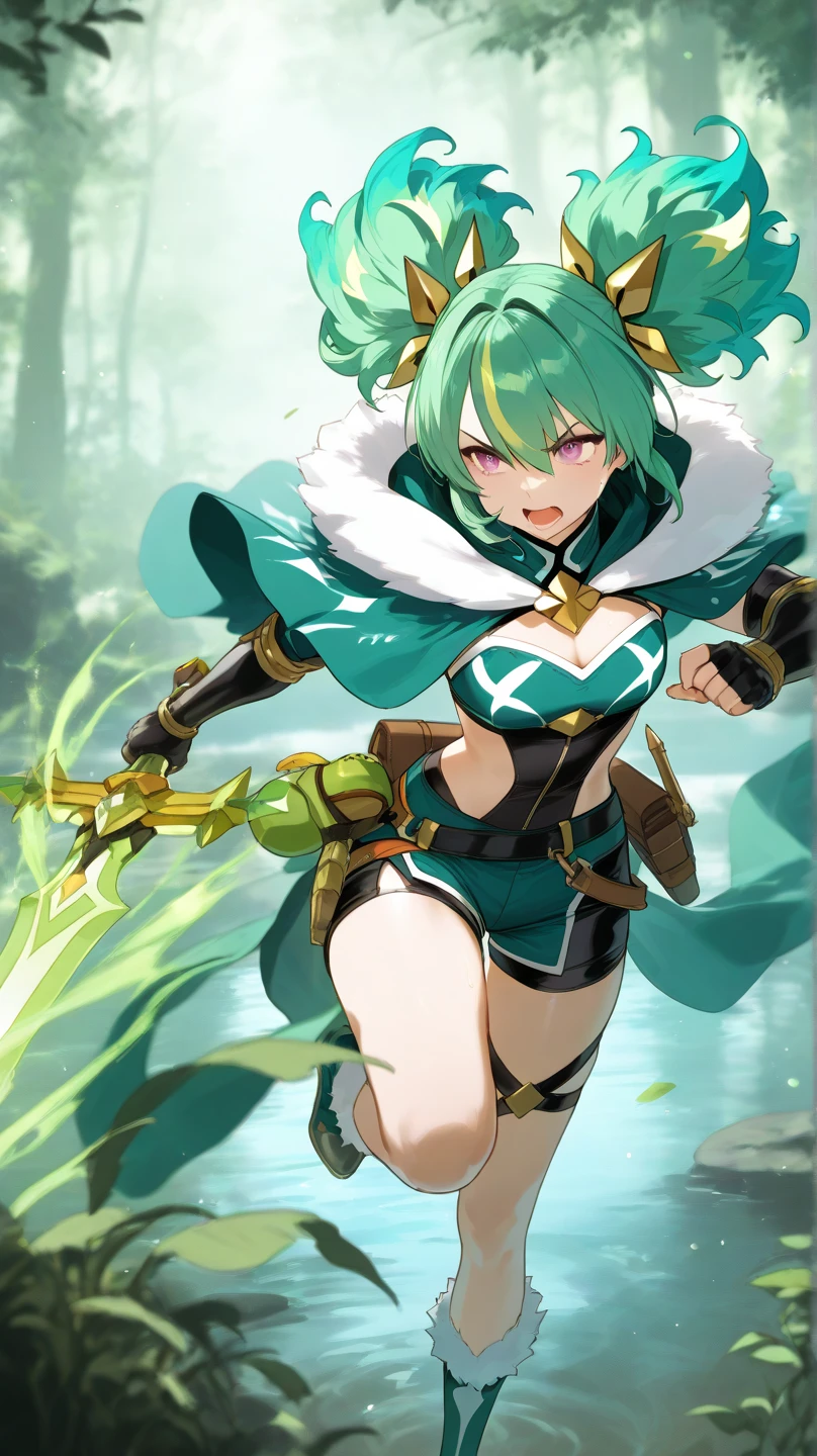 highest quality,wonderful,masterpiece,delicate,ultra high resolution,Super detailed,intricate details,beautiful,8K resolution,(Highly detailed CG Unity 8K wallpaper),sharp focus、anime、fiction、one woman、dark green hair girl 、Metallic colored hair、short hair、Cat ear、big breasts、underboob、vivid hair、shaggy hair、messy hair、vivid skin、Glossy skin、 face、lolita、short、cute、beautiful eyes、happiness、Pleasure、smile、warrior armor、Green magic、Uplifting、Feeling of running、green armor、green armor、green sword、green sword、green sword is light、The sword glows、thighs、