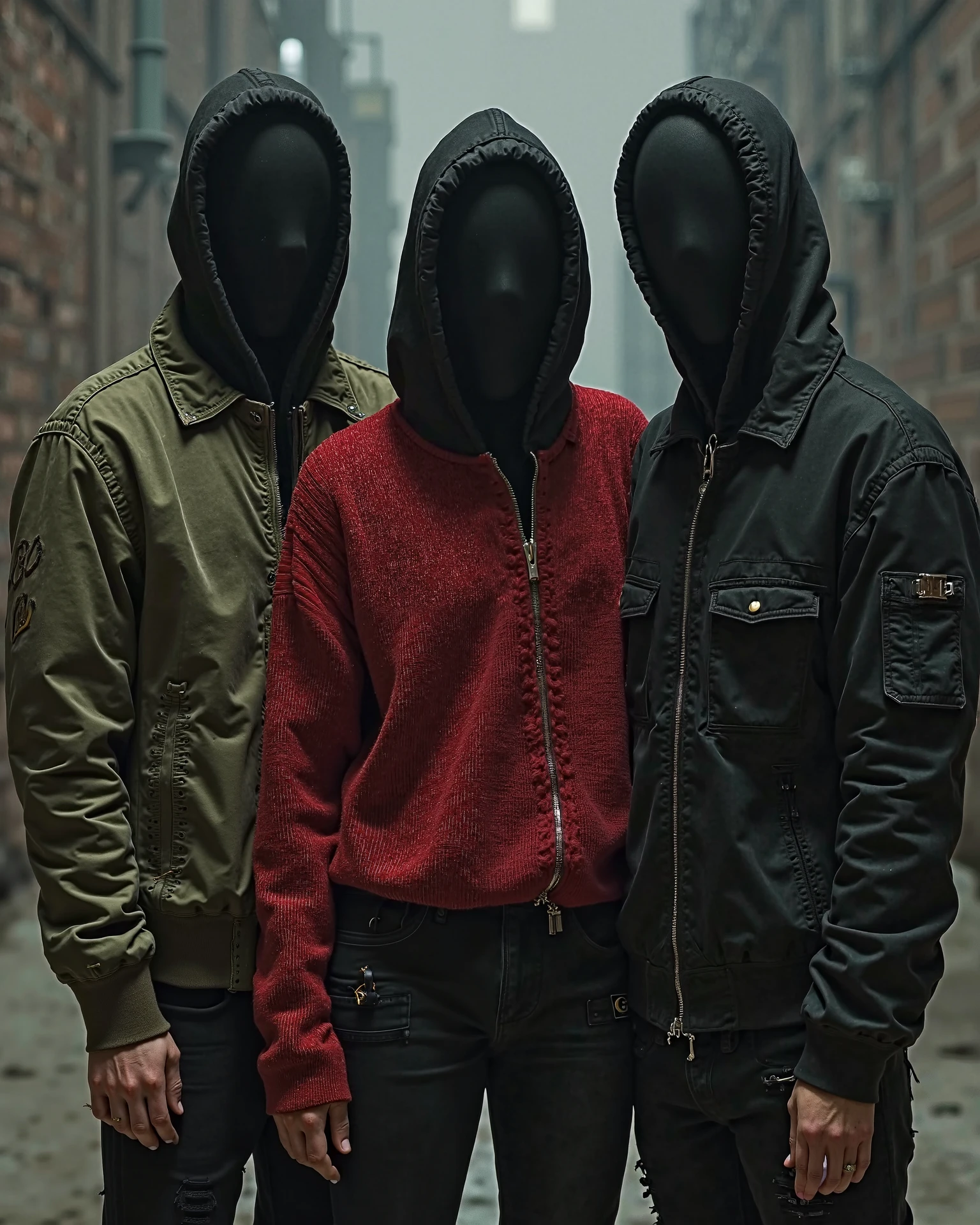 3 Rap-rock artists with all face black mask like Slenderman but with black mask, dressed In olive bomber jackets, red sweater and black punk jeans.