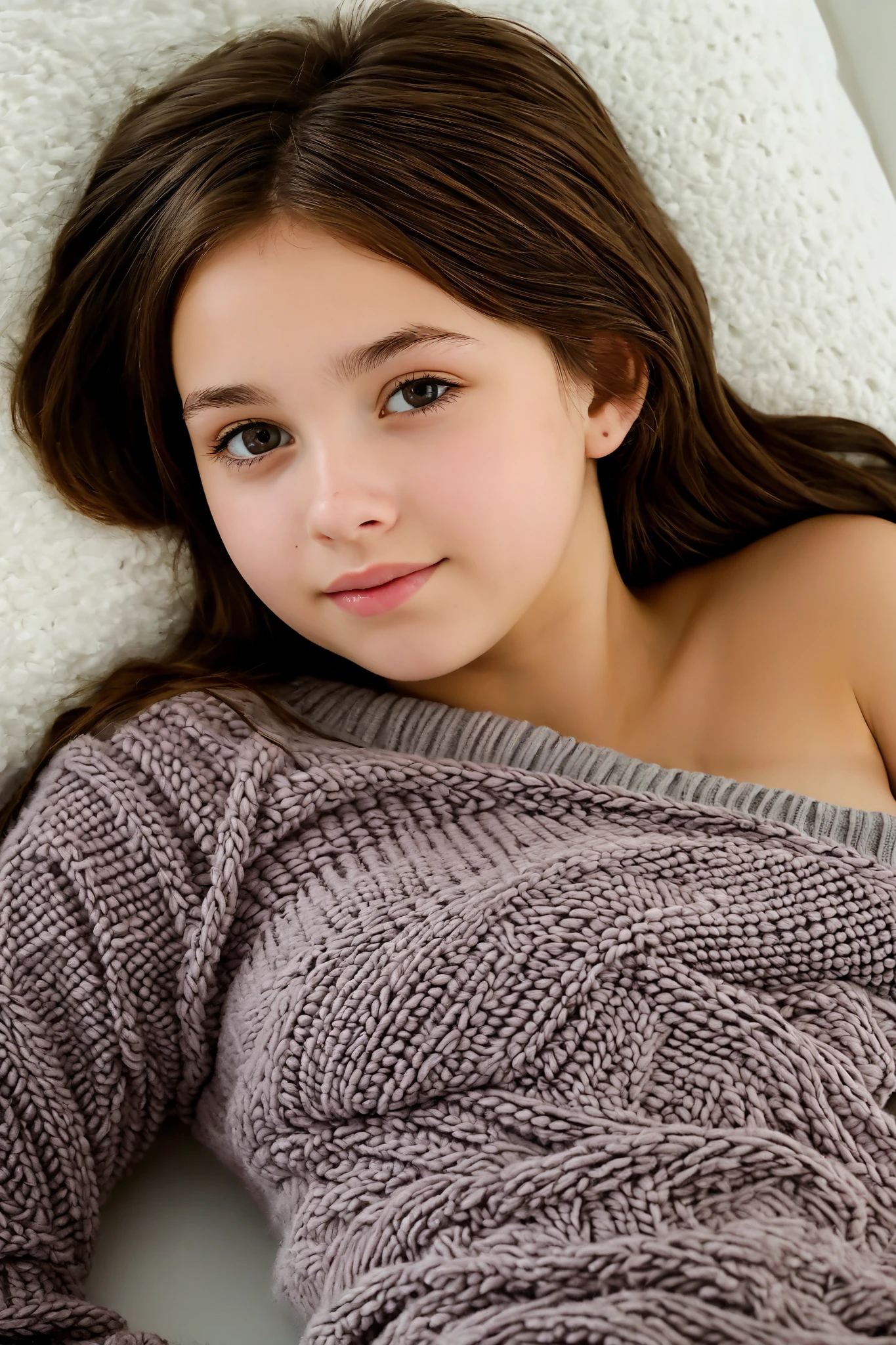 Very young girl, innocent round face lying on her stomach, perky ass in a sweater