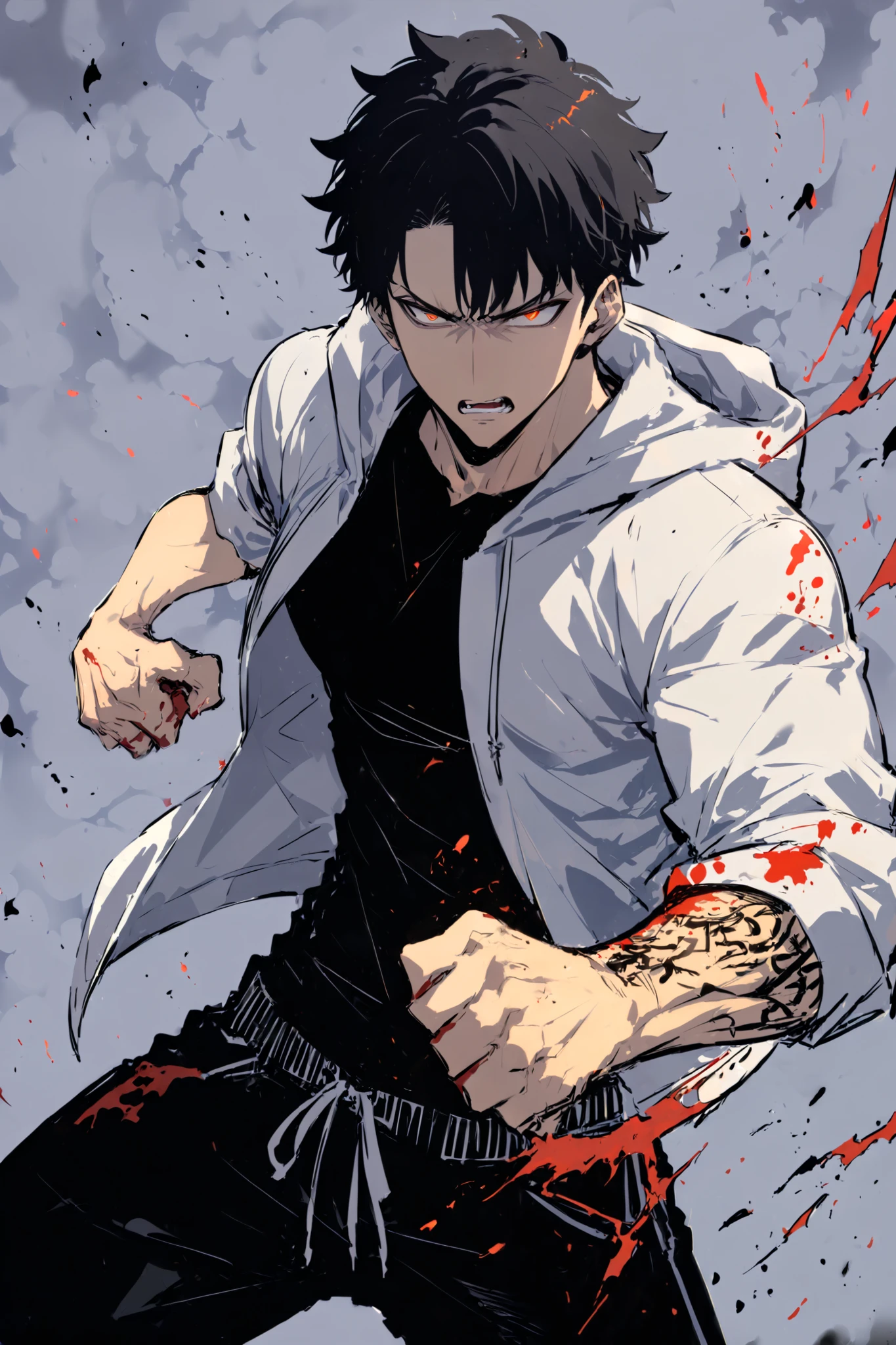 Handsome, Athletic, alone, male, Short spicky hair, black hair, black orange eyes, black t-shirt, white oversized hoodies jacket, Sleeves rolled up, black pants, , intricate sketch, angry expressive eyes nose and mouth, Abs, clench fist, martial art stance, blood on his fists