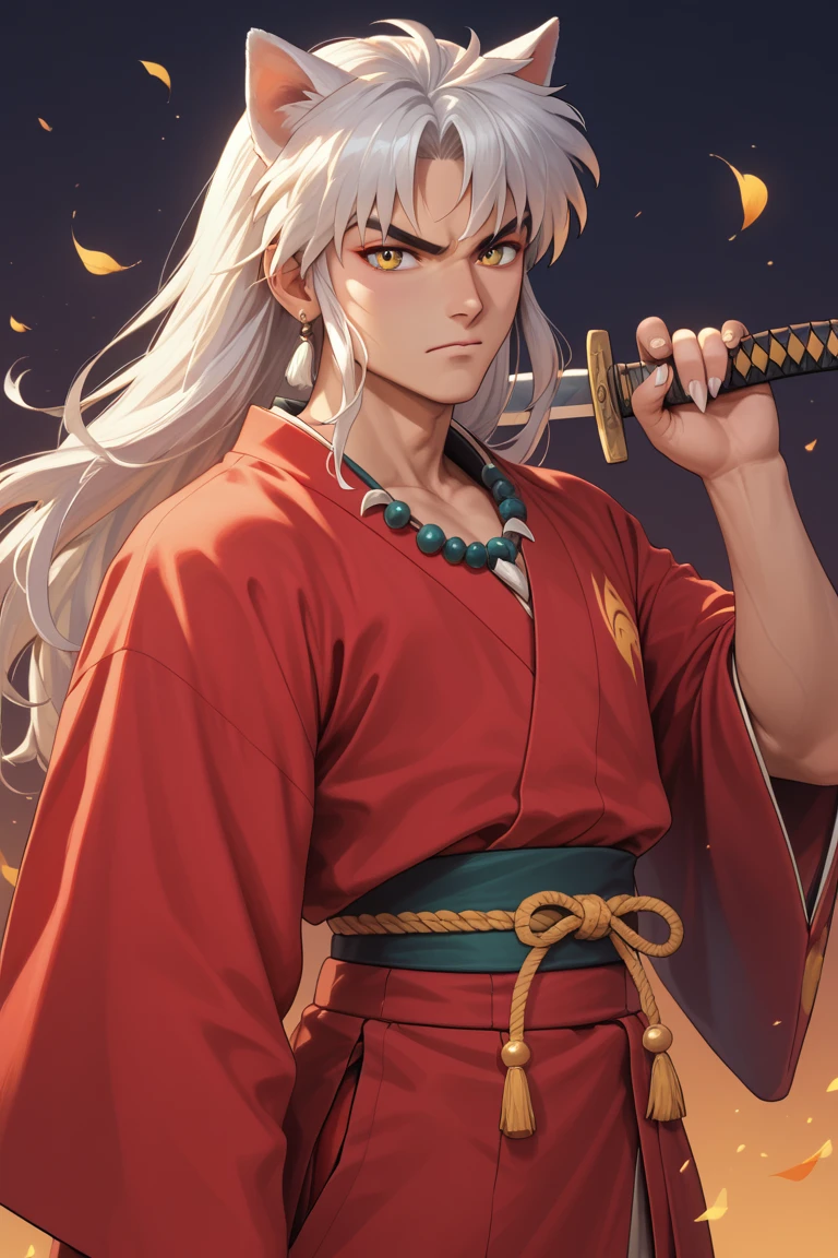 masterpiece, beautiful, ultra-detailed, detailed face, 4k, hd, perfect lighting, best quality, score_9, score_8_up, score_7_up, 2d art, perfect hands, perfect eyes, inuyasha, white hair, yellow eyes, long hair, animal ears, dog ears
necklace, jewelry
weapon, sword, katana, corrigir o cabo da espada
sheath
kimono, japanese clothes
red kimono, solo, ((1man)), angry, ((adult))
fingernails, (sharp fingernails)