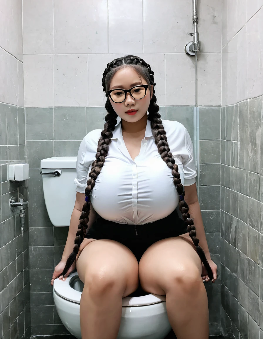 (Canon RF85mmf/1.2,masterpiece,highest quality,ultra high resolution))((Beautiful fat woman 25 years old solo)) ((highest quality、8K、masterpiece))((Photogenic quality:1.5))Body that feels plump、((plump round face))((Facial expression with mouth wide open and eyes closed))super detail face、(beautiful face)((Full body image of urinating in the toilet:1.5))((accurate depiction of the human body:1.2))plump body,natural makeup、thin eyebrows、wearing bright red lipstick、ponytail、Bathroom、Direct sunlight hits