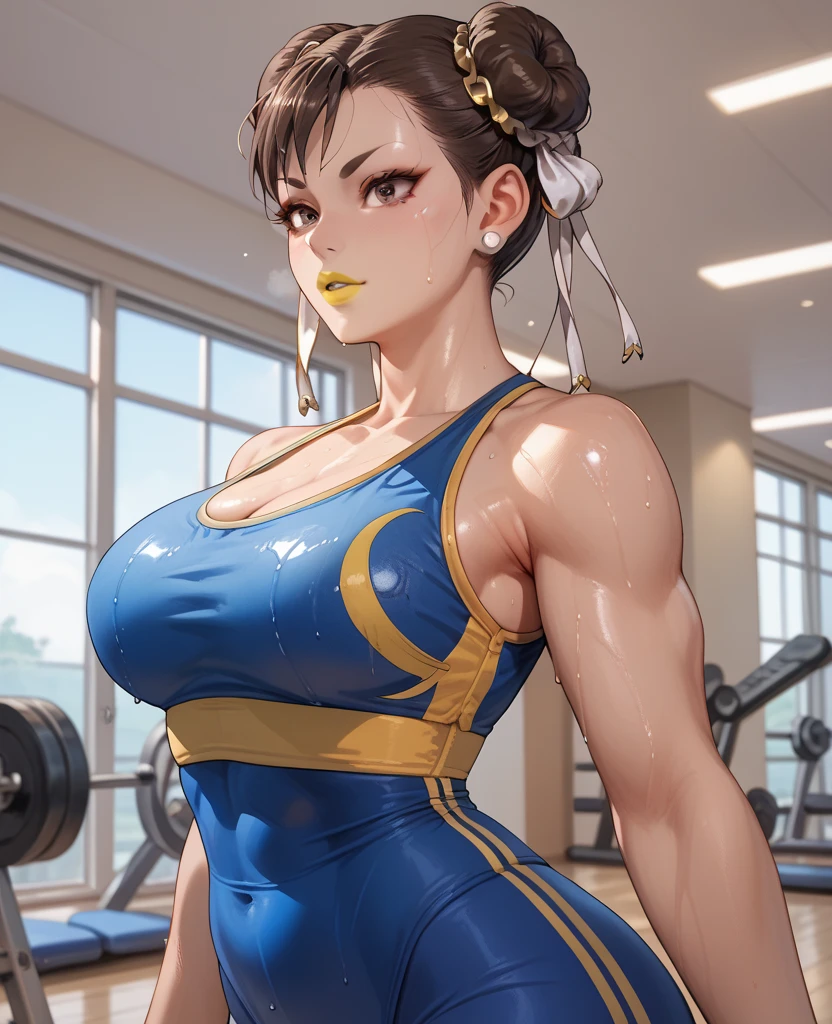 garota de anime levantando uma barra em uma sala de fitness, chunli at the gym, suor muscular lara croft, trabalhando fora, High Resolution Commission, muscular!, artgerm extremamente detalhado, chunli, muscular!!, Chun-Li, Chun-Li, levantamento de pesos, queixo, Artgerm e Atey Ghailan, surveillance, (sfw) seguro para o trabalho