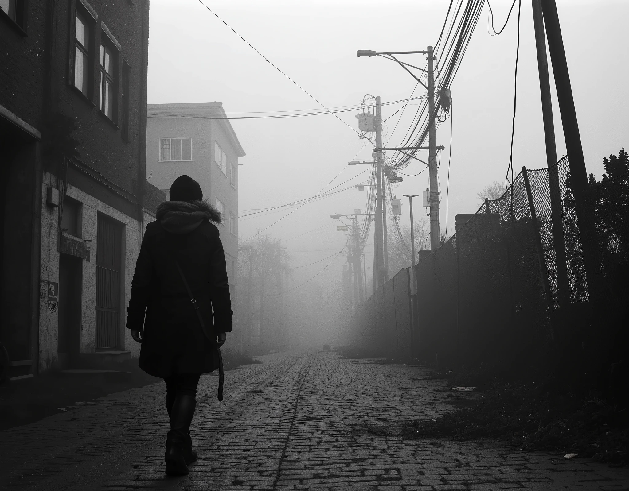 Cinematic black and white photography, eye-level view of a desolate, fog-covered cobblestone street lined with a damaged chain-link fence, some sections bent and broken. Tall, weathered streetlights and tangled power lines disappear into the misty background, enhancing the eerie, abandoned atmosphere. A lone woman walks near the fence, dressed in winter clothing—her hands tucked into the pockets of a heavy coat, a knit beanie covering her head, and a thick scarf wrapped around her neck. Her silhouette is partially obscured by the dense fog, adding a sense of solitude and introspection. High contrast and pronounced grain texture, mimicking Ilford HP5 film, with deep blacks and bright highlights that accentuate the misty, melancholic setting. The diffused light from the fog softens edges while maintaining rich detail in shadows and textures, evoking a classic fine-art documentary aesthetic. A raw, thought-provoking scene with an atmosphere of loneliness, mystery, and quiet resilience.