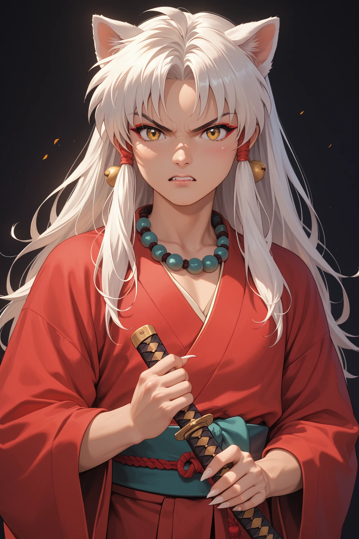 masterpiece, beautiful, ultra-detailed, detailed face, 4k, hd, perfect lighting, best quality, score_9, score_8_up, score_7_up, 2d art, perfect hands, perfect eyes, inuyasha, white hair, yellow eyes, long hair, animal ears, dog ears
necklace, jewelry
weapon, sword, katana
sheath
kimono, japanese clothes
red kimono, solo, ((1man)), angry, ((adult))
fingernails, (sharp fingernails)