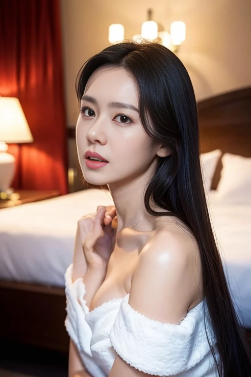 High resolution, masterpiece, perfect lit, bloom, night, (cinematic:0.9) lit, perfect skin, woman, soft light, (looking at the viewer:1.2),Yangmi Eyeliner,  realistic skin,beautiful face,realistic eyes, perfect detailed face,
realistic, (photorealistic:1.2),
sitting, ((view from above)), 
Mesh Camisole, indoor, evening, dark little tongue, short tongue, stick out tongue, lick your lips, wide open mouth 、school swimwear