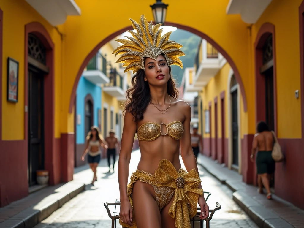 "Develop a high-resolution image, em 8k, retratando uma linda jovem carioca. Ela possui um rosto perfeito e muito bem definido, with bright and colorful makeup typical of carnival. Your body is thin, alto e esguio, com pernas longas e bem definidas, characteristic of a mannequin model. Her breasts are medium and very well defined, just like your buttocks. The young woman is wearing an extremely sensual carnival costume, sendo uma rainha de bateria, com trajes brilhantes em dourado e vermelho reluzentes. She wears bright, colorful boots with thin high heels., that wrap your legs up to your knees.
The young woman is in a parade pose, standing, on Sapucaí Avenue, no Rio de Janeiro. Your arms are open at waist level, while the stands are full of people taking photos of her. Many people are in awe of the young woman's beauty. The scene is Cinematic, com a jovem bem destacada na imagem, capturada com uma lente de 24mm. The photo has a high resolution to guarantee all the details of the scene, destacando a energia vibrante e festiva da escola de samba."