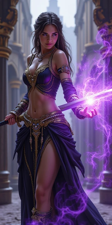 A young futuristic female sorcerer with a glowing floating small crystal stone, releasing mysterial spell and magical power, facing and defeating dark forces and beings. She stands with her right hand raised forward with a blue fire of light, Sun Wukong is chasing behind, at night, (1girl, solo, alone), photorealistic, large-breast slim:0.6 body, oval:0.5 face, cleavage:1.1, very low angle view of pleated miniskirt, deep-v, (upskirt), glove, (Matrix style black micro sunglasses), dynamic running pose, (half-body thigh level close-up shot), cinematic lighting, ray tracing, motion blur background.