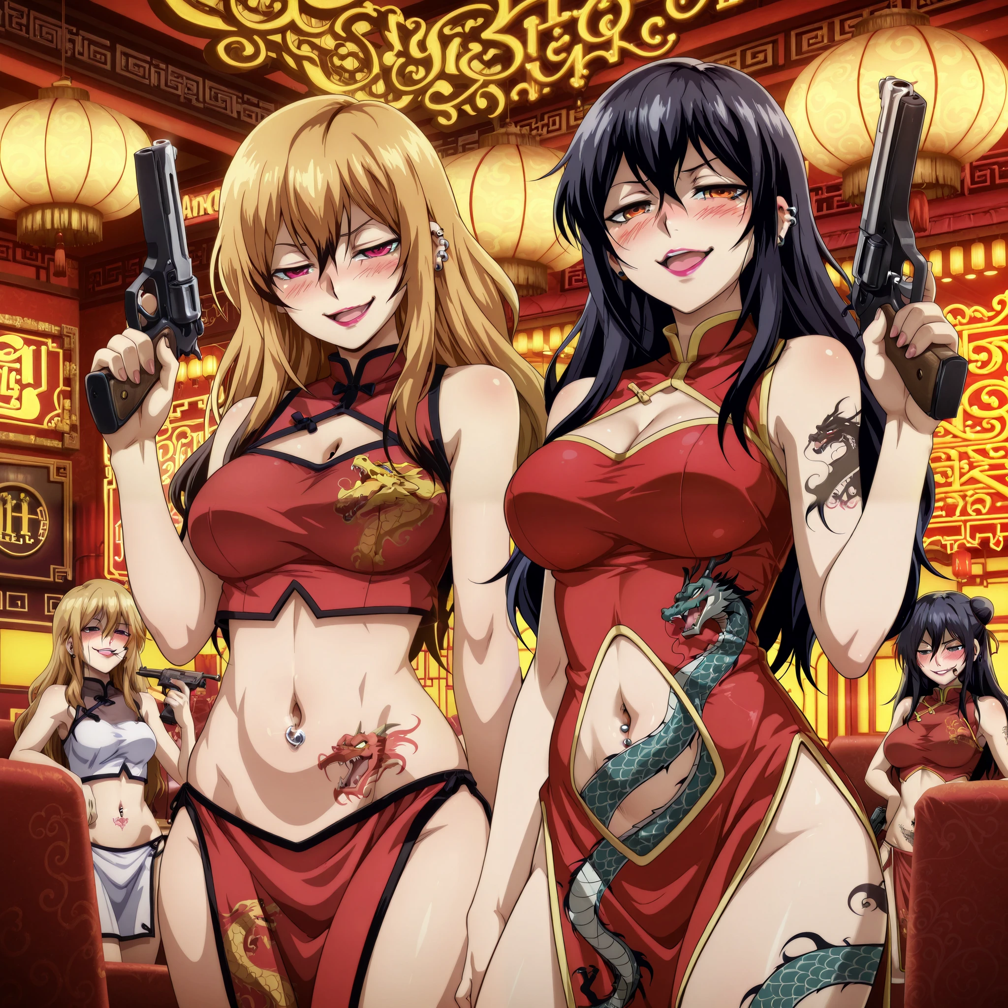 2girls, two girls, mature female,long hair,, anime coloring, medium large breasts,anime coloring, black hair, blonde hair,
, ear piercing, long hair, blush, lipstick,Hot girl, baddie, smoking, sensual, attractive ,, masterpiece, best quality, highly detailed, a anime girls in china dress with navel cutout , navel
cutout, crop top, china dress, ecchi anime style, evil smile, open mouth, smile, anime girls, ecchi
style, ecchi, digital anime art!!, in anime style, official artwork, (nsfw) not safe for work, beautiful
anime girl, anime style 4 k, pelvic curtain, exposed belly, exposed navel, exposed midriff, exposed
lower belly, holding a gun, chinatown, holding pistol, complex detailed background, casino environment, fancy
interior environment, rich interior, holding a gun, holding pistol, navel piercing, dragon tattoo, narrowed eyes, tattoo midriff , smirk,