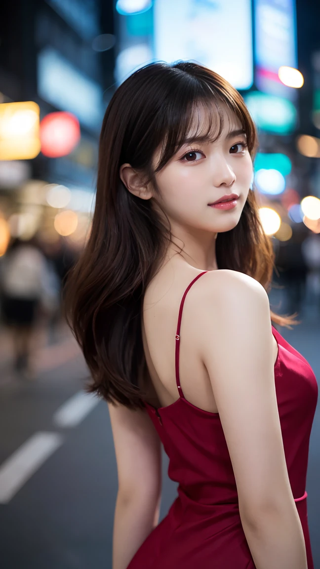 highest quality。８K-Picture。Ultra-high resolution。The background is a night city。With a girl。Long hair、Slightly wavy,,,,,,,,,,,,,,,,,,,,,,,,,,,,,,,,,,,,,,,,,,,,,,,,,,,。The color is dark brown。Glamour Style、((Big Breasts：1.8))。Wearing a red dress、Gorgeous dancing photos。Overall delicate finish。Beautiful body line。Long legs、((Her hair shines as it reflects the street。The eyeball reflects the surrounding scenery。My skin is wet with night dew))。Almost the perfect woman。((time々Upper body close-up))。The second highlighted part々I want a close-up shot。