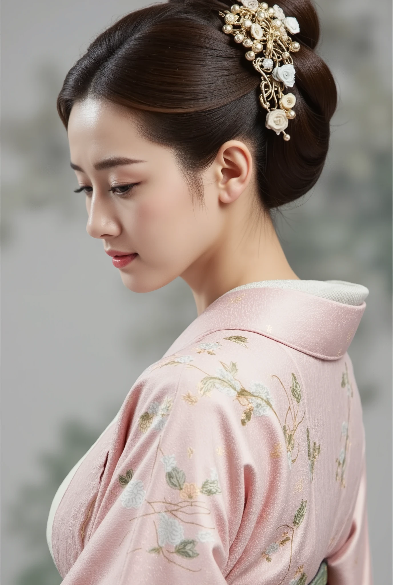 A serene young woman adorns a stunning kimono, her delicate features illuminated by soft, ultra-detailed brushwork. Her hair, adorned with intricate floral pins, is tied up in an elegant coiffure. Calm and poised, her expression exudes tranquility. The background dissolves into a softly blurred haze, while the subject's contours are defined by smooth, painterly shading. High contrast highlights the kimono's intricate patterns, as delicate gradients create depth and dimensionality.