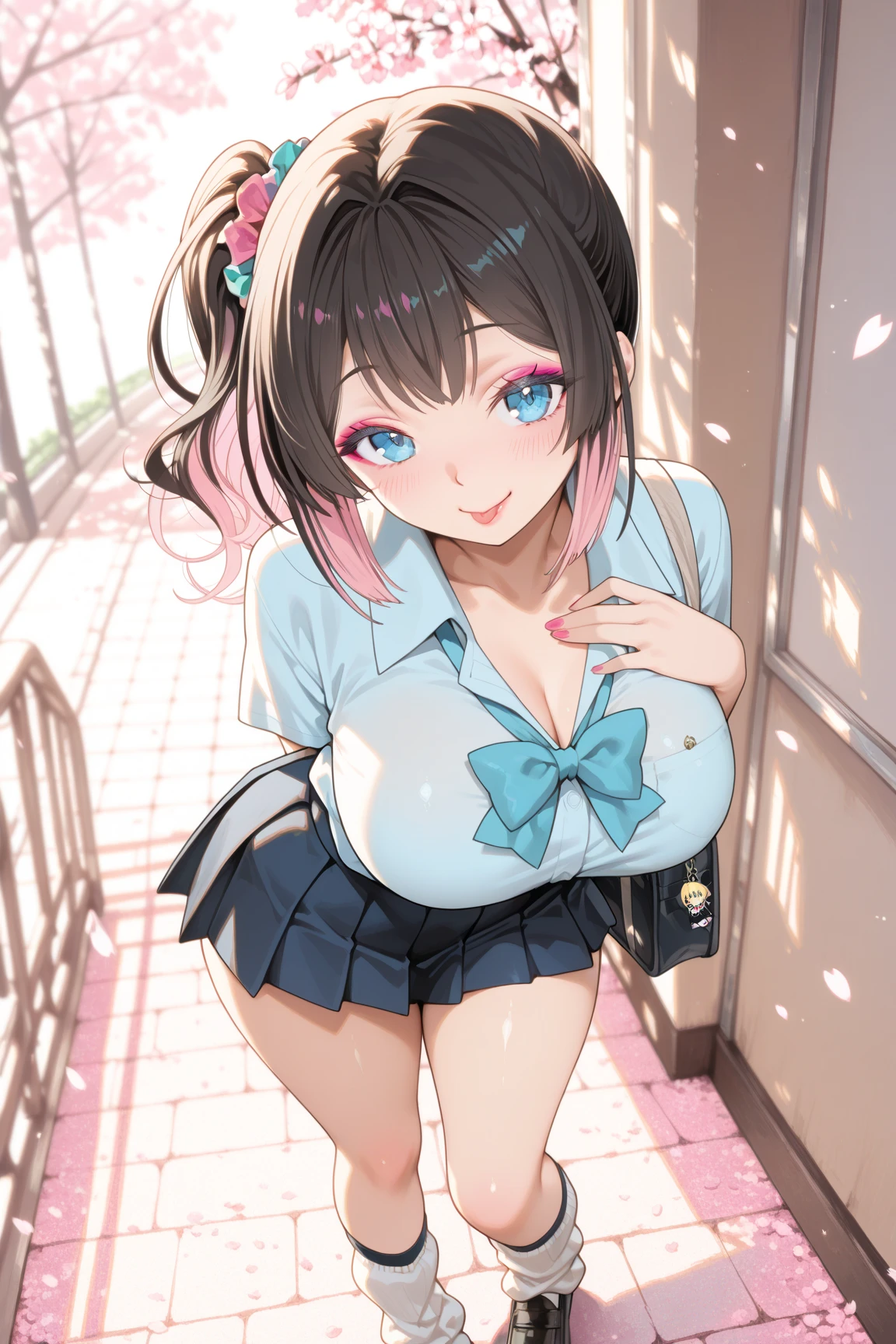 highest quality,wonderful,finely,extremely detailed CG Unity 8K wallpaper, (1 girl,black hair, blue eyes,double bun), (extra huge tit:1.2), (Light blue striped micro bikini:1.1), (open mouth:1.2), (long tongue:1.2), (mouth drool:1.2), (black stockings:1.1),(Thighs),(constriction),(standing:1.2)