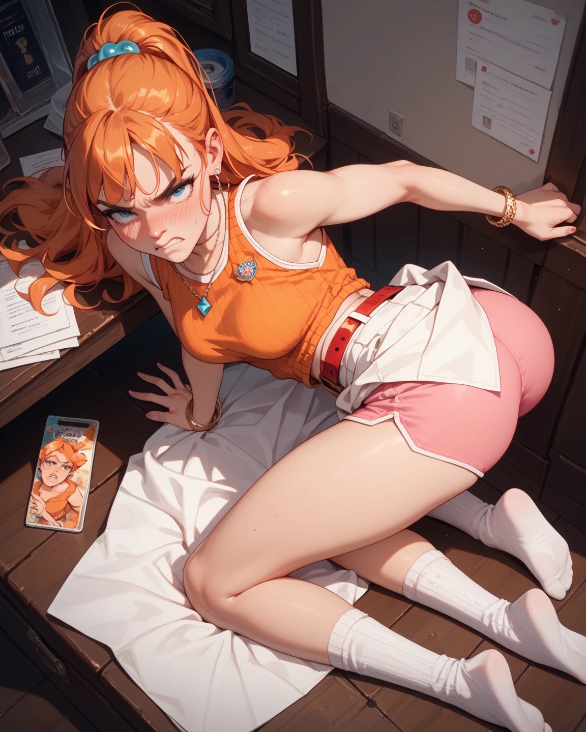 (masterpiece), best quality, female warrior, huge girl, female muscular:1.2, straight hair, ginger hair, ((curvy)), (((blank background))), ((full body)), fingerless gloves, barefoot, sleeveless, medium hair, thin hair, (very short skirt), blunt bangs, ((wide spread legs)), (lying in bed), (thick thighs:1.3)