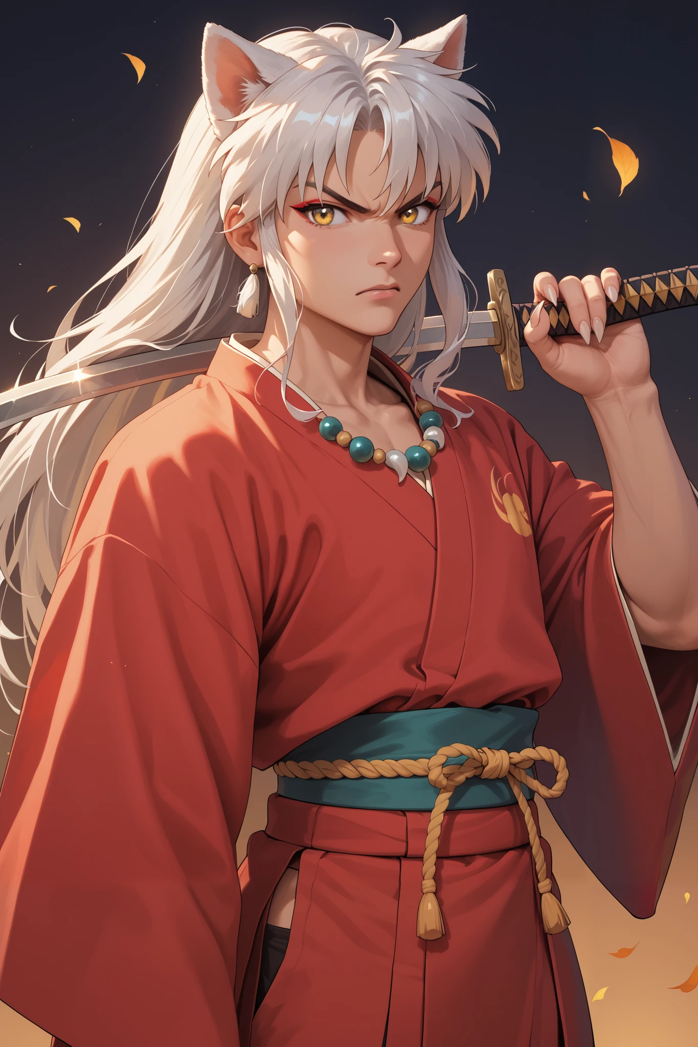 masterpiece, beautiful, ultra-detailed, detailed face, 4k, hd, perfect lighting, best quality, score_9, score_8_up, score_7_up, 2d art, perfect hands, perfect eyes, inuyasha, white hair, yellow eyes, long hair, animal ears, dog ears
necklace, jewelry
weapon, sword, katana
sheath
kimono, japanese clothes
red kimono, solo, ((1man)), angry, ((adult))
fingernails, (sharp fingernails)