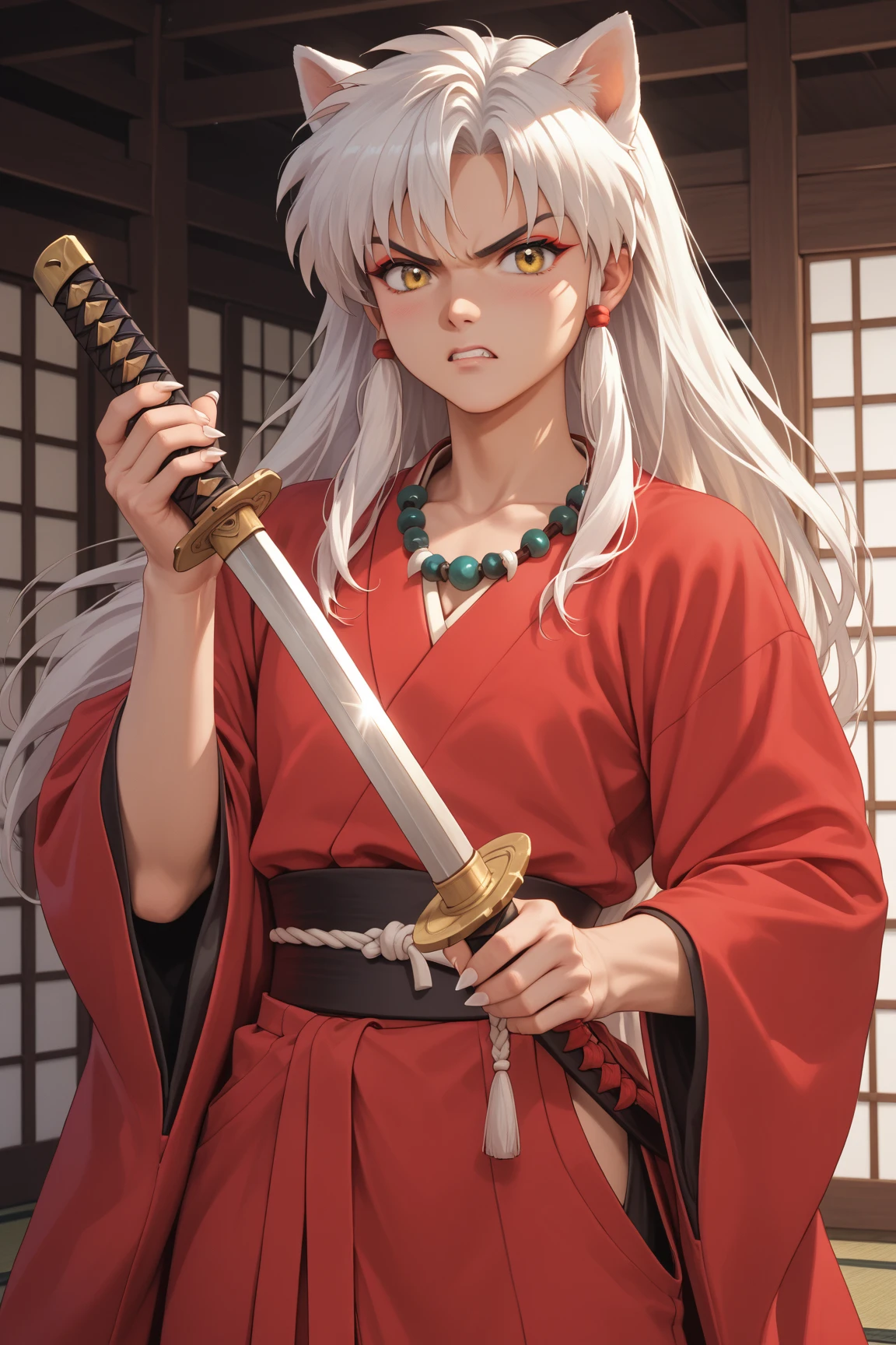 masterpiece, beautiful, ultra-detailed, detailed face, 4k, hd, perfect lighting, best quality, score_9, score_8_up, score_7_up, 2d art, perfect hands, perfect eyes, inuyasha, white hair, yellow eyes, long hair, animal ears, dog ears
necklace, jewelry
weapon, sword, katana
sheath
kimono, japanese clothes
red kimono, solo, ((1man)), angry, ((adult))
fingernails, (sharp fingernails)