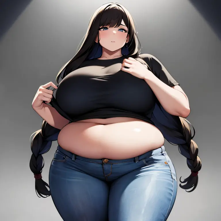 1girl,solo,Mature Woman,Black Hair,long hair,blue eyes color,pink lip,mother,gentle,kind face,Super huge breasts,Flabby thighs,Black knit with vertical lines accentuating the lines of the body,jeans that accentuate the body's curves,necklace,standing up,Looking at this,Inclusive,White background,