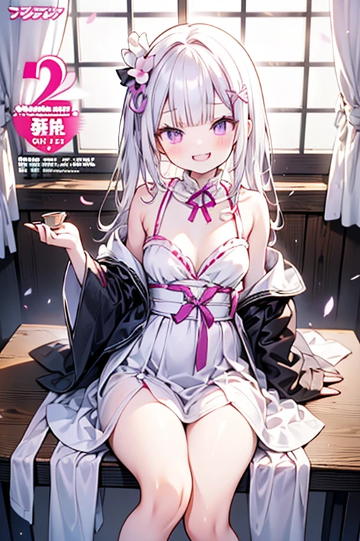Top Quality, 8K, 4K, High Definition, Detail, (better-quality, 8K, 12), top-quality, 1 girl、purple short bob hair clip tied into a bun、black eyeedium breasts、uniform、gray jacket with pink line, fingerless gloves、thighs、Ilcha fousing on her, surprise face, having her hands her face, making cute surprise expressing. picture pose, she is standing up, (NSFW)