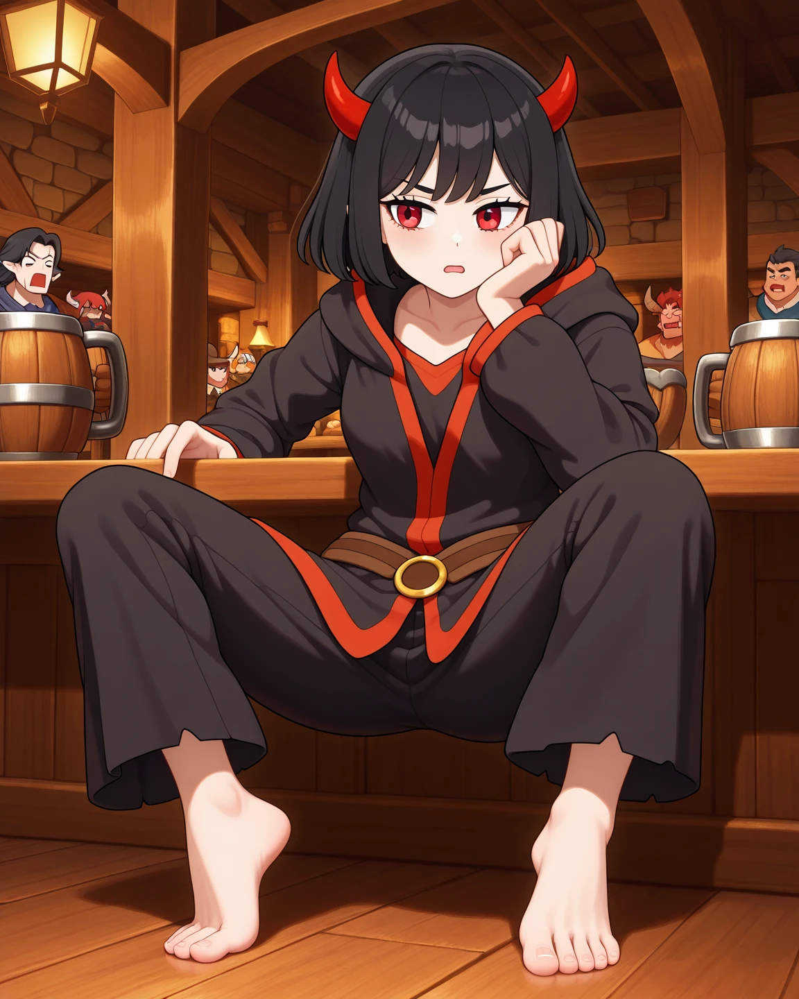 best quality, masterpiece, 1 girl, devil girl, smiling, (red colored skin:1.2), (bright red eyes:1.3), (black devil horns:1.4), long hair with bangs, tattooed body, black and red bikini with cloak, standing in cyberpunk cafe, (medium breast, under boobs:1.2)