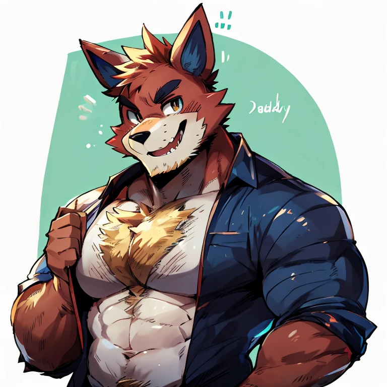 white background, Furry, wolf, male, muscular, big muscles, wearing jacket, wearing, jeans, full body, look at viewer, blushing, shy, smiling, closed eye