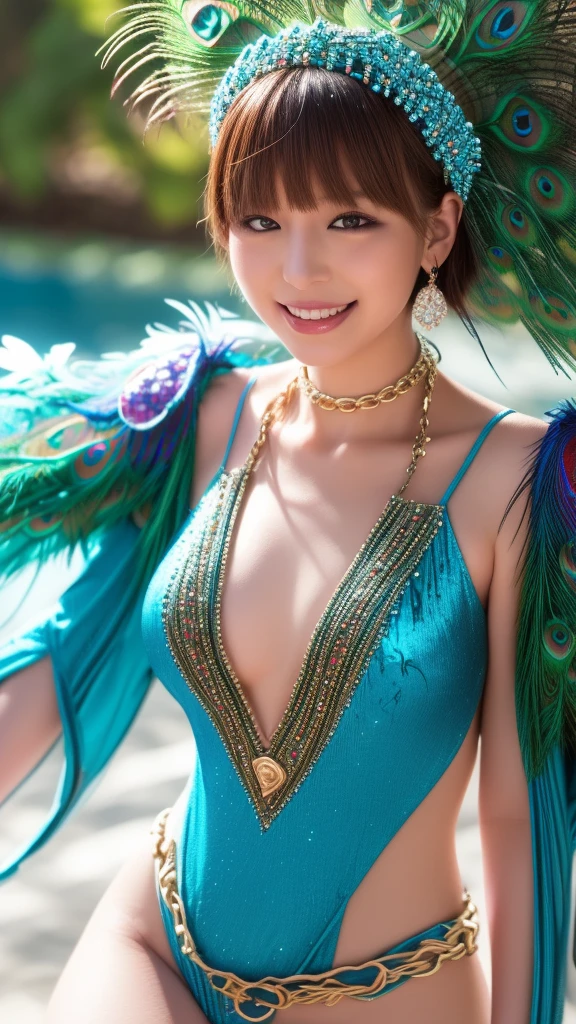 (8k、RAW photo、highest quality、masterpiece:1.5)、(realistic、Photoreal:1.5)、super detailed、超A high resolution、cinematic lighting、(((A beautiful woman with bright bird feathers)))、(((26 year old Japanese woman)))、(((Wearing a bright bikini with a bird motif)))、、cute smile、Fun and energetic atmosphere、dynamic angle、dynamic lighting、big breasts、cleavage、rural scenery、full body shot、A pheasant's tail is growing、black hair、bird feathers all over the screen