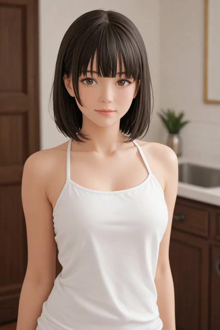 High resolution, Highest quality, super high quality, Very detailed, 8K、(underwear:1.2)、、Embarrassing、Sweaty、Sweat、Embarrassing、(masterpiece:1.2, Highest quality), (Realistic, photoRealistic:1.4), Beautiful illustrations, (Natural Side Lighting, Cinema Lighting), View your audience, whole body, 1 Girl, Japanese, high school girl, Perfect Face, Cute and symmetrical face, Shiny skin, Baby Face, (short hair, Low Twintails,Black Hair), Hair between the eyes, black eye, Big eyes, Droopy eyes, (Center of chest, Captivating thighs, Big Ass)、