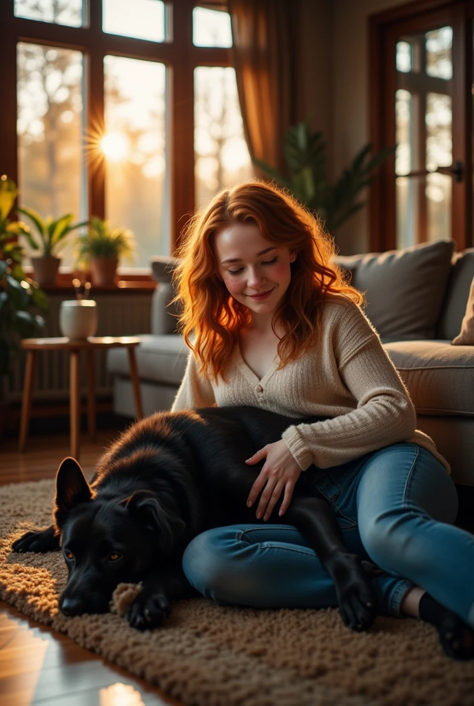 red-haired woman lying on her side on the couch with a black dog curled up next to her