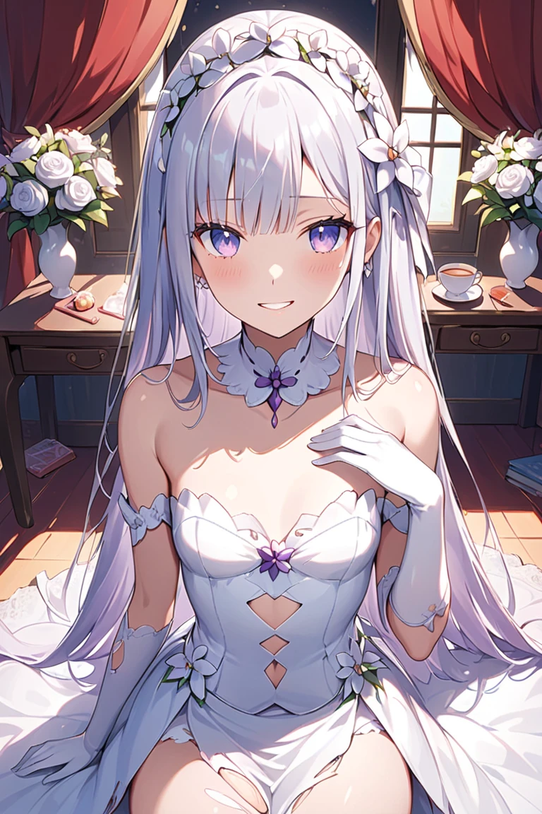 a women, white hair, purple eyes, white dress