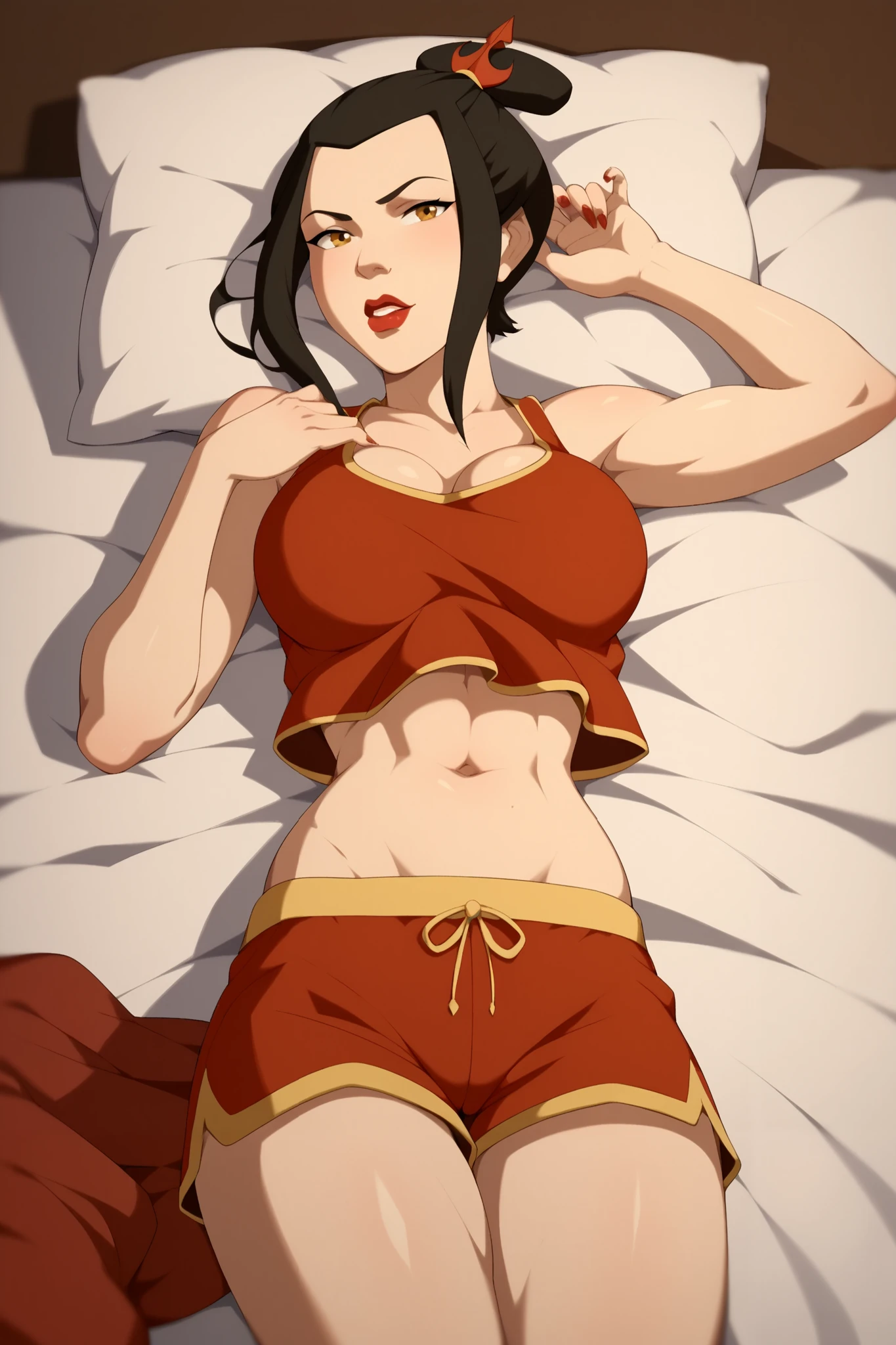 Azula from the avatar would be , gold-colored eyes, red lipstick, beautiful and sexy body , pronounced bust, big breasts, in erotic and sensual pajamas , with erotic shorts, tight and short shorts, sexy legs, Thin woman, front approach, lying on a bed, Letting see the navel.