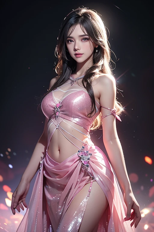8K, UHD, MAsterpiece, best quality, 1 girl, (realistic face), happy pace, very long hair, small breasts, decorated dress, very beautiful ornaments dress, ((red and pink teal)), ((lace)), mesh dress, sardine, loops, legendary night balcony, depth of field, cinematic lighting, chromatic aberration, motion blur, glowing light, god rays, ray tracing, reflection light, backlighting, navel short, front,