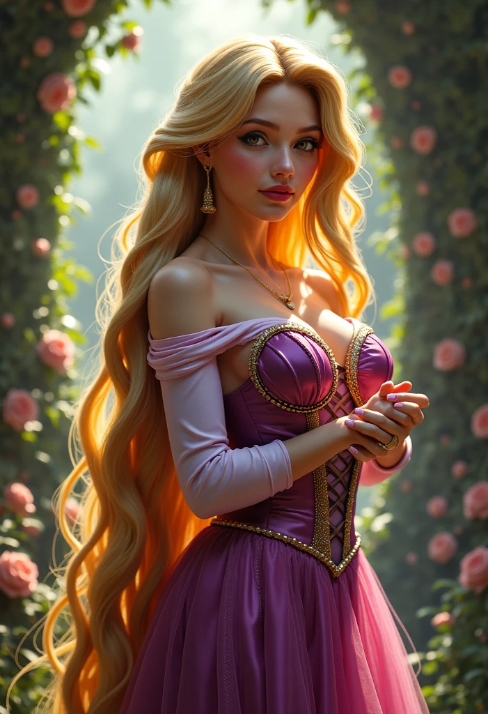Dark Magician Girl dressed as Rapunzel. Her hair is long and blonde. Her hair reaches her feet. has blue eyes. Red lips. breasts big. nice legs. Sensual and seductive pose. fairy tale background. new
