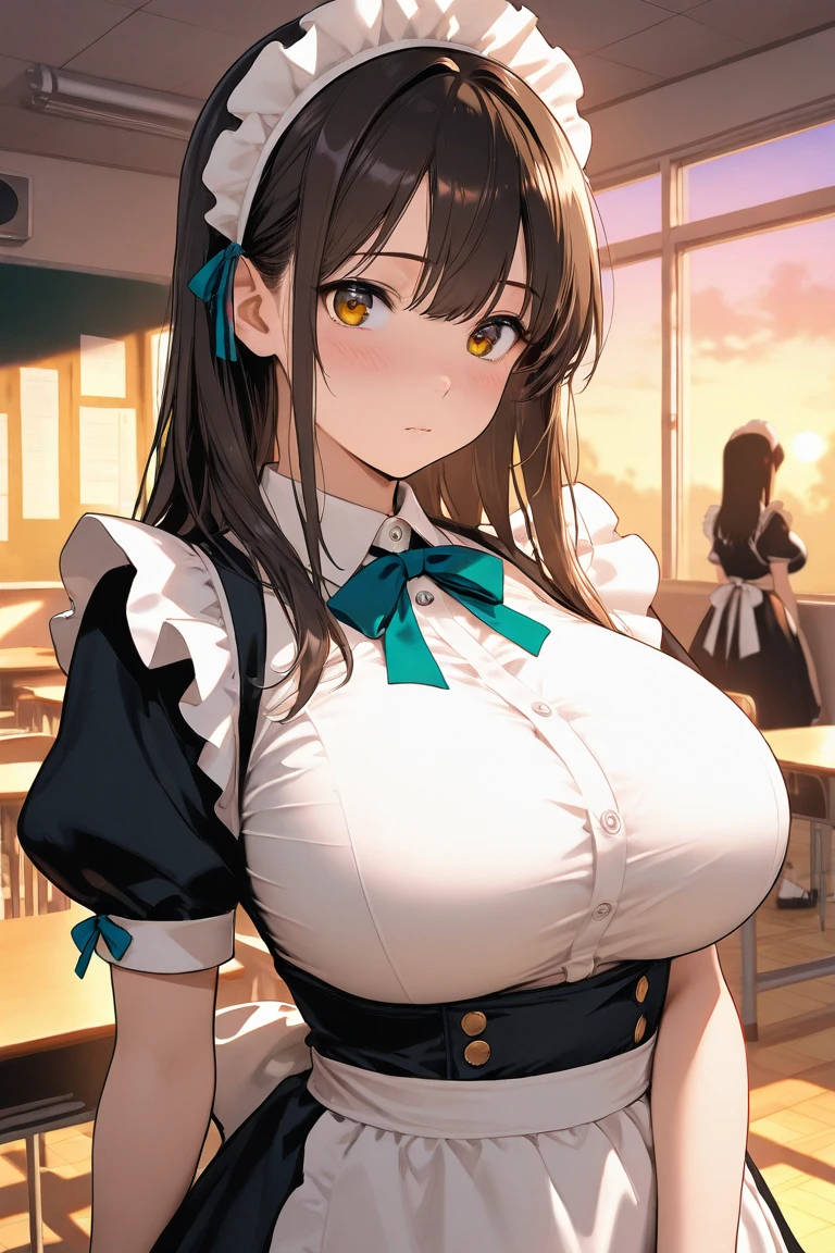Cute girl, restaurant, waitress, big breasts, cleavage, big ass, maid cafe uniform, sexy, panties pussy, clumsy, shy, high quality, best quality
