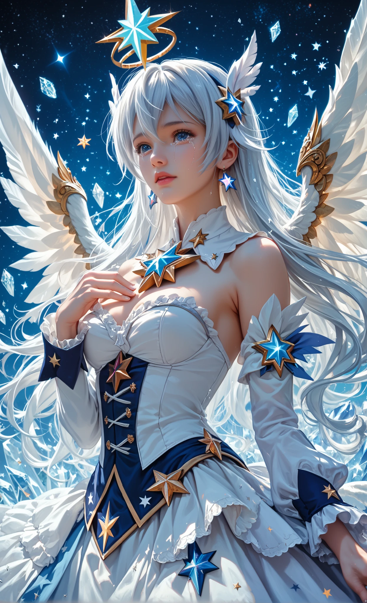1 moon，Dear beautiful flower fairy, Peach eyes, white hair p, clear wings, The wand fluttered in the wind.､The wand flickered with starlight.，golden wand，Beautiful blue sky and white clouds、girl with transparent wings､Please smile､beautiful garden background､gentle and transparent，anatomy correct, delicate pattern，pink rose space, soft light, ( Bokeh)，Masterpiece, Extremely detailed, Epic Elements, Highest quality, 8ก，Magnificent and romantic fantasy digital art.，EpicFairytaleFantasyDigital Art，Legendary fantasy，UHD resolution，Detailed detailed drawing，realistically，realisticallyมาก，Cinematic lighting,award winning photos,Various colors，Realistic textures, very realistic，incredible light
