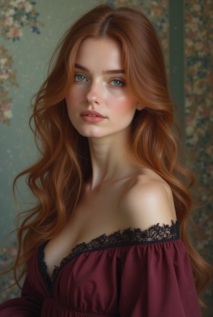 A captivating woman with cascading auburn hair, necklace, high quality, masterpiece, absurdres, seductive face, (slightly messy detailed hair), slim waist, freckles, dark reddish hair, perfect face, (woman kneeling, pov), equal eyes,