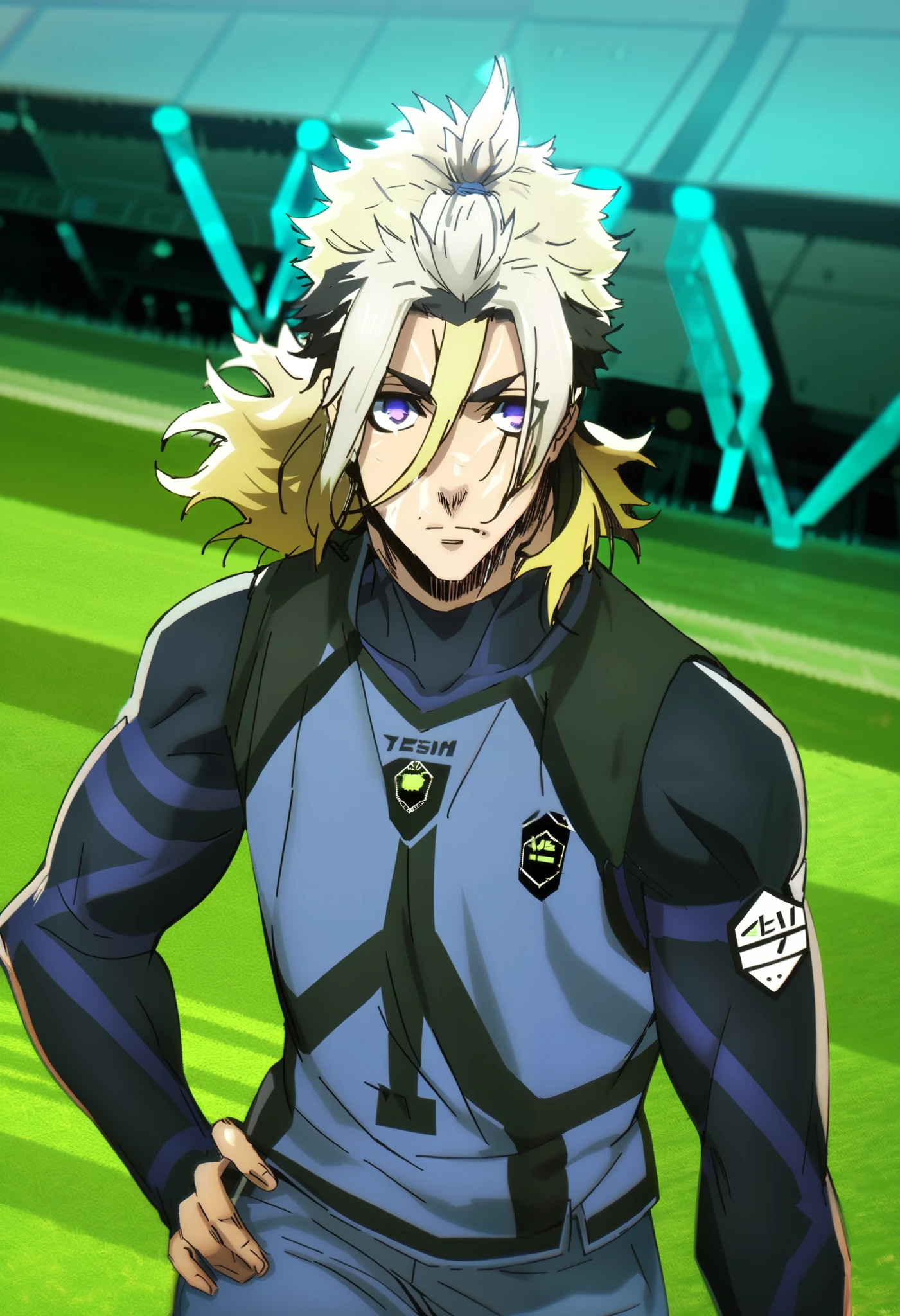 A tall, athletic young soccer player with tan skin and a confident, egoistic expression. He has a sharp, chiseled face with silver-colored eyes shaped like Ryusei Shidou’s, reflecting a fierce competitive spirit. His hair is a wild, slightly messy, dirty blonde mullet with a couple of gold highlights running through it, adding to his flashy presence. He wears a sleek, futuristic soccer uniform, tight-fitting to emphasize his agile build. His pose is dynamic yet composed, exuding confidence, with one hand casually resting on his hip while the other lightly tosses a soccer ball in the air. The background is a blurred stadium with bright lights shining down, capturing the high-energy atmosphere of a Blue Lock match.